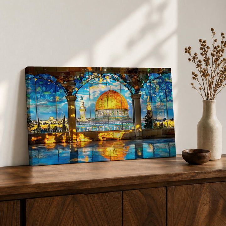 Masjid Al Aqsa arch view framed canvas with mosaic motif and warm tones