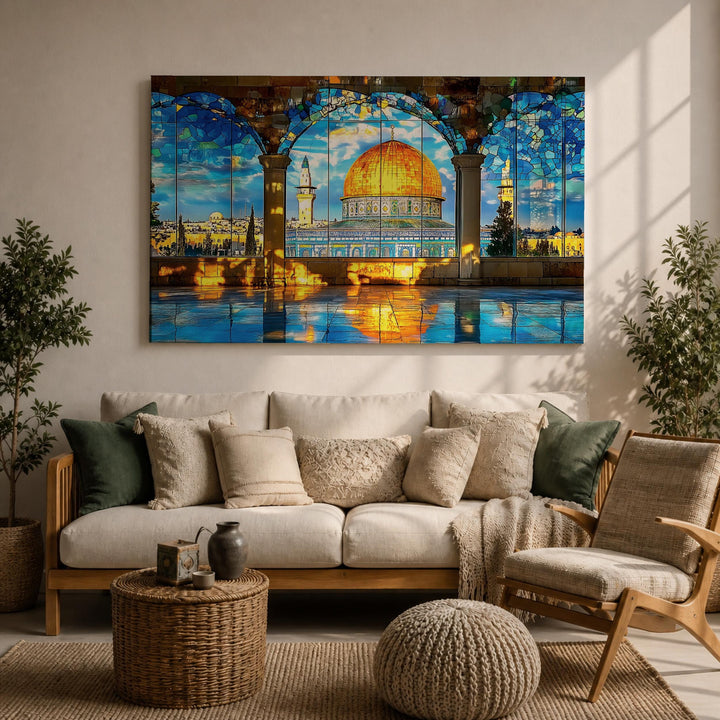 Islamic wall art framed canvas showing Temple Mount arch in stained glass style