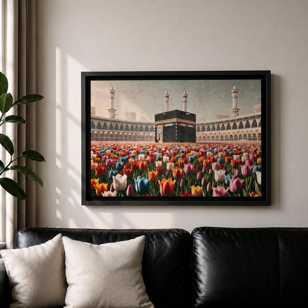 Ornate tulip pattern framing Kaaba image on canvas