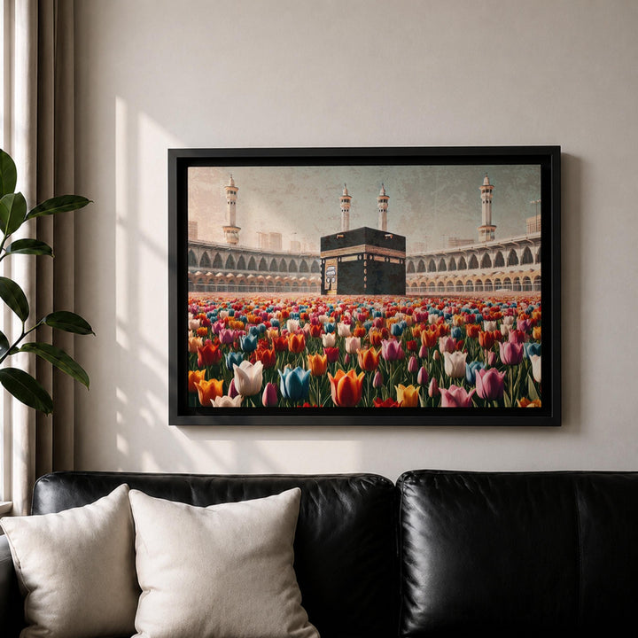 Ornate tulip pattern framing Kaaba image on canvas