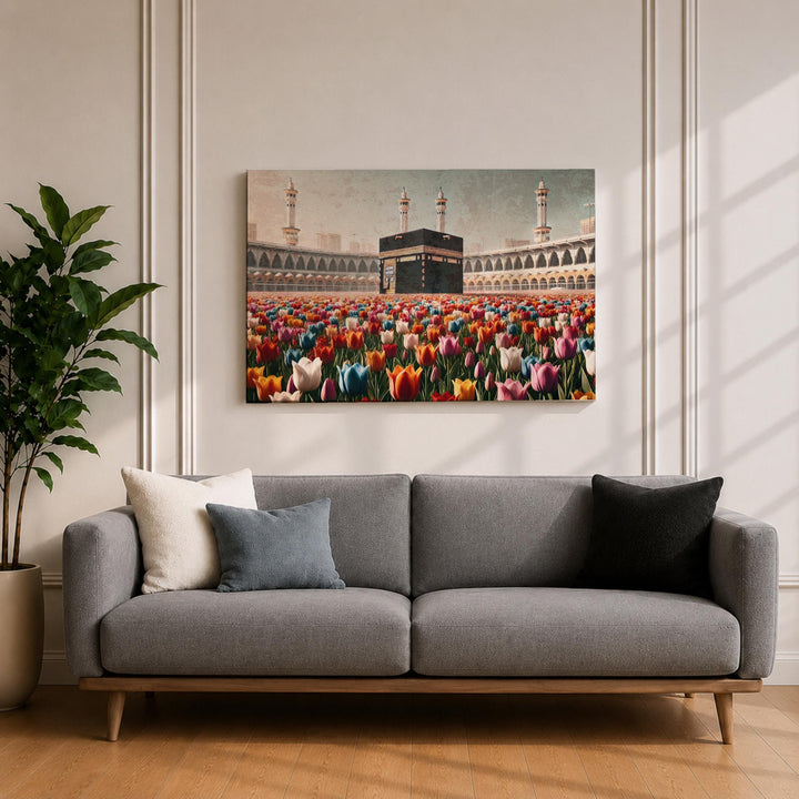 Framed canvas wall art showcasing floral Kaaba design