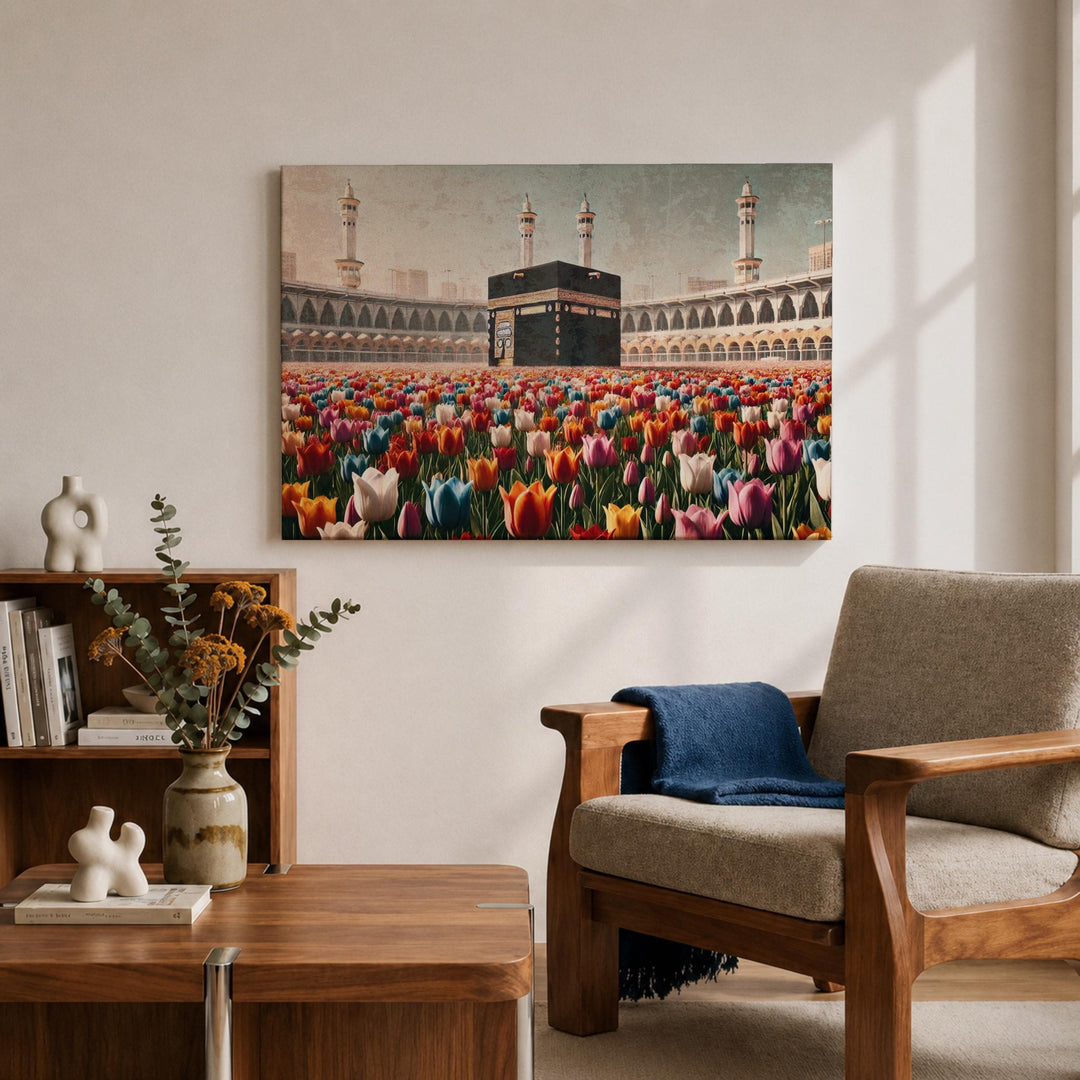 Close-up of tulips and Baitullah in framed canvas