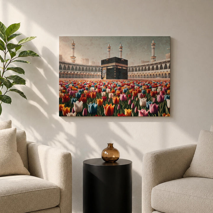 Blue-green watercolor Kaaba floral art on framed canvas
