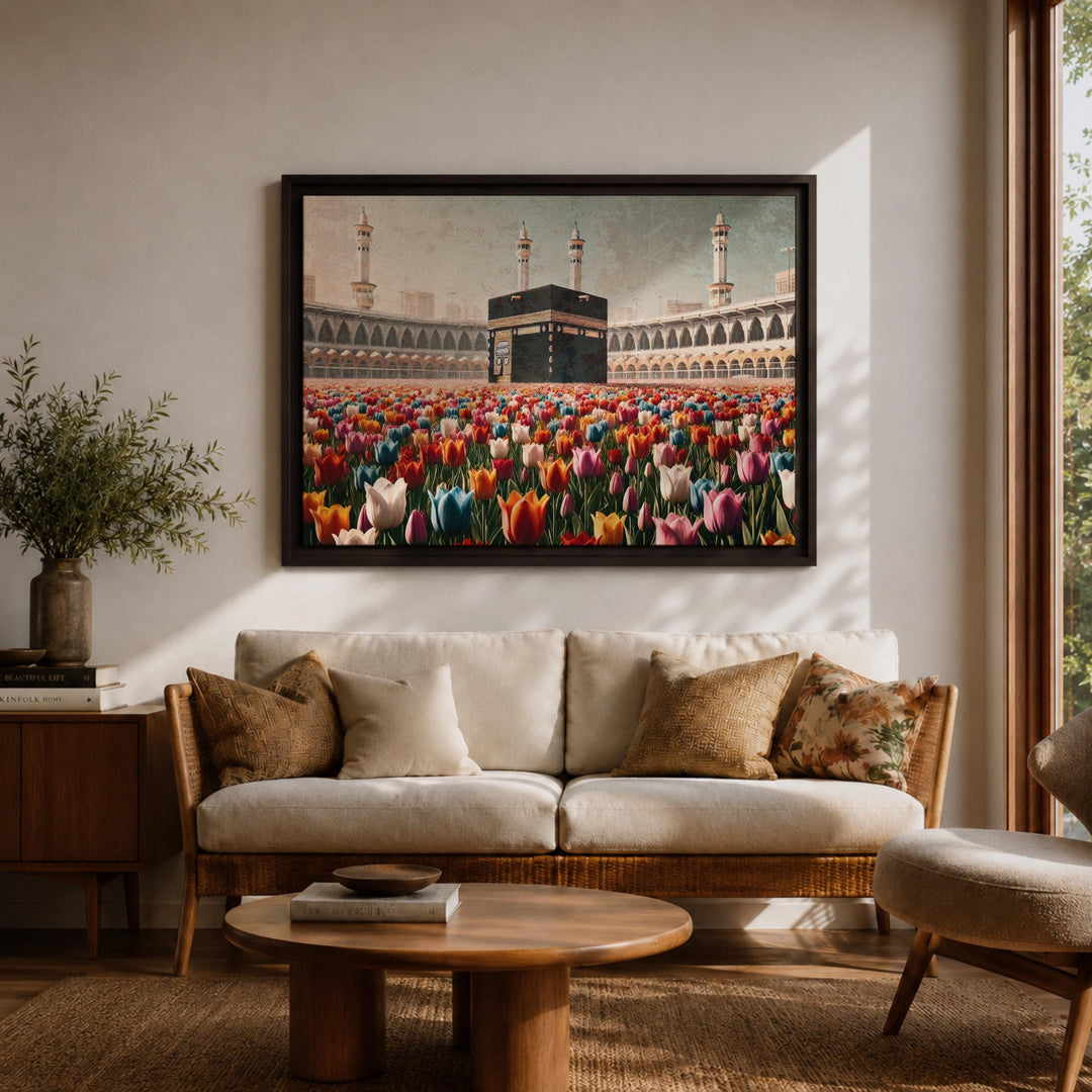 Islamic wall art inspired by Mecca with tulips in frame
