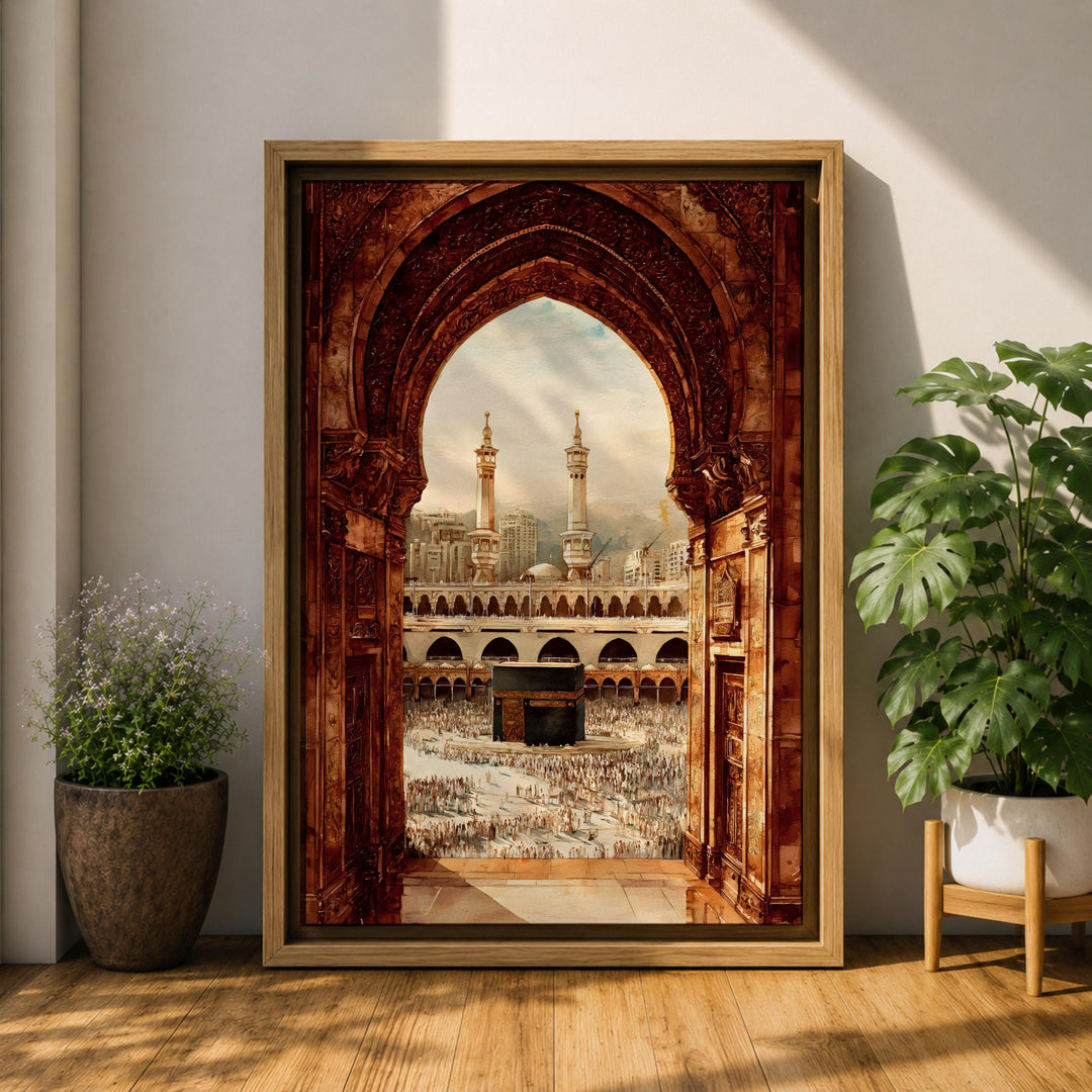 premium framed canvas wall art with kaaba detail