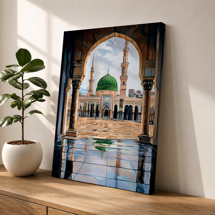 Prophet Mosque Green Dome framed canvas wall art close-up view