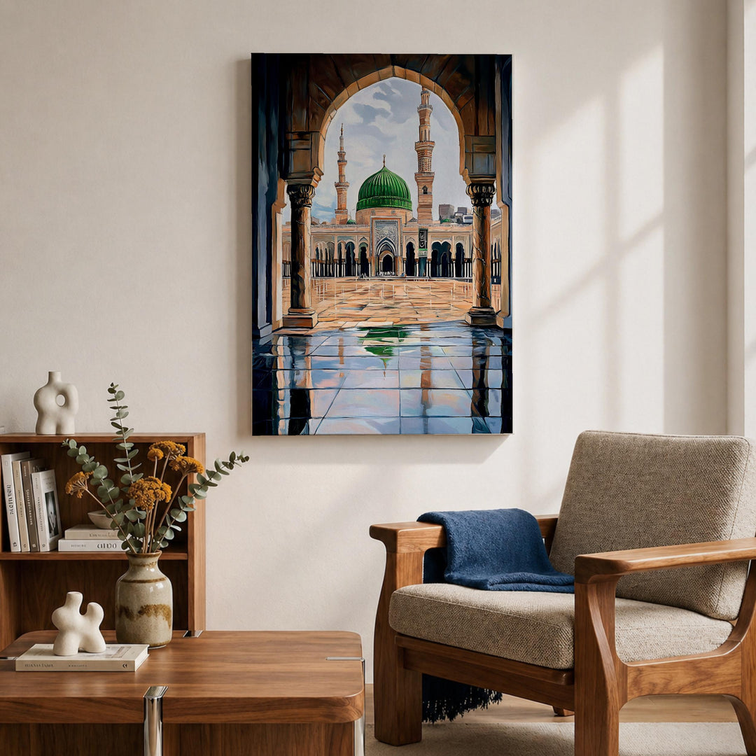 Masjid Nabawi green dome art on premium framed canvas
