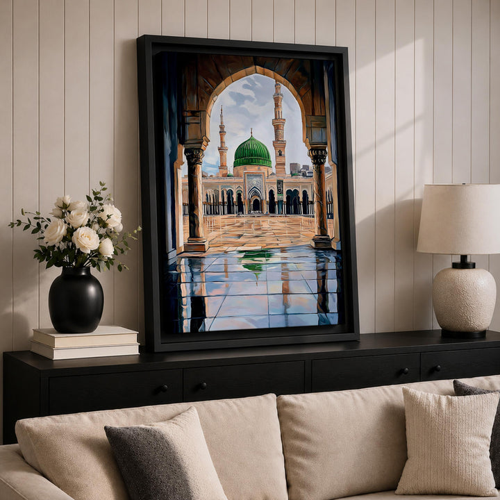Modern Islamic art piece with bold green dome imagery
