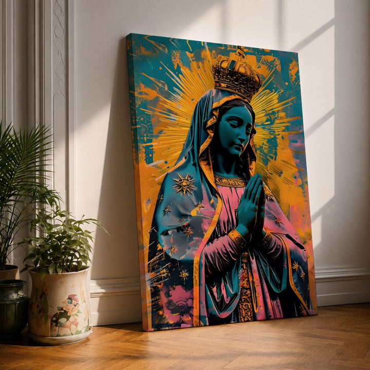Our Lady of Guadalupe Virgencita framed canvas wall art close-up portrait.