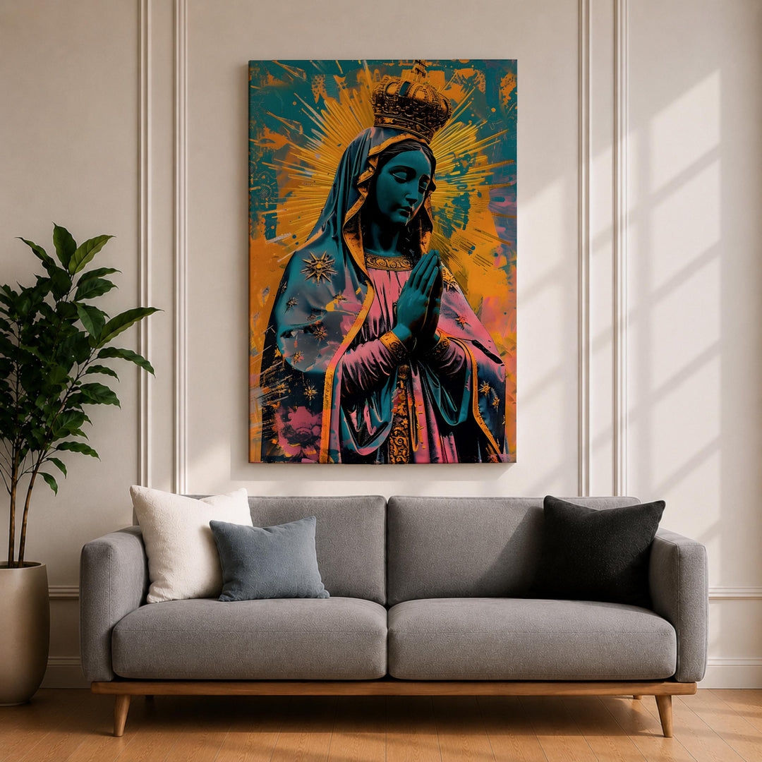 Framed canvas Catholic pop art Our Lady of Guadalupe hanging on wall.