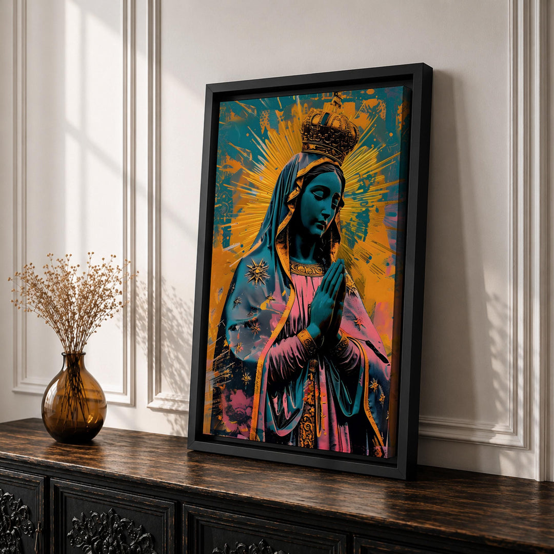 Virgin Mary Our Lady of Guadalupe pop art print in wooden frame.