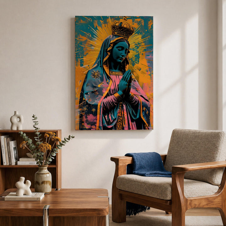 Detailed devotional wall art featuring Our Lady of Guadalupe in frame.