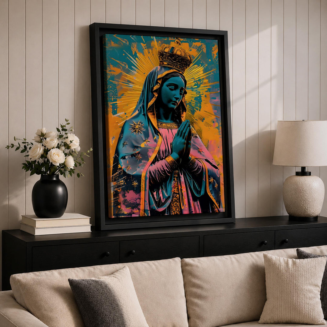Bright, bold pop art style Our Lady of Guadalupe wall piece.