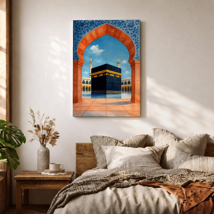 Warm-toned interior display featuring Kaaba arch canvas
