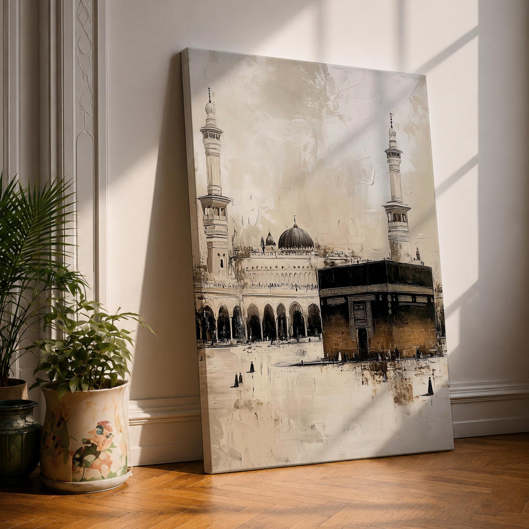 Kaaba framed canvas wall art with neutral vintage tones