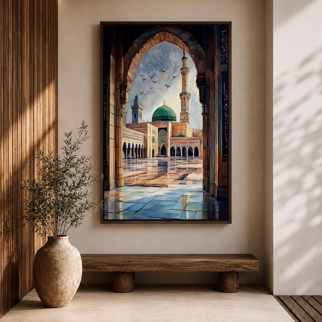 Green Medina mosque facade printed on framed canvas