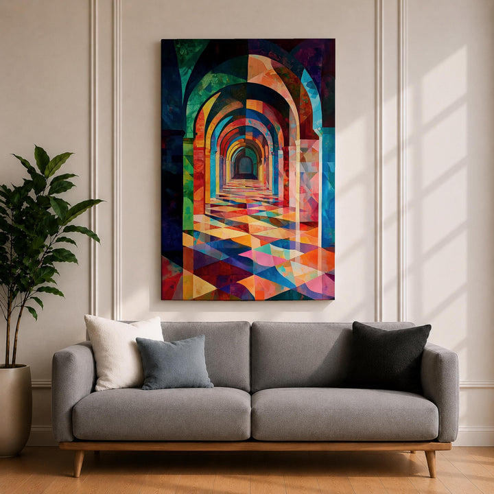Close-up of vibrant geometric arch design on canvas print