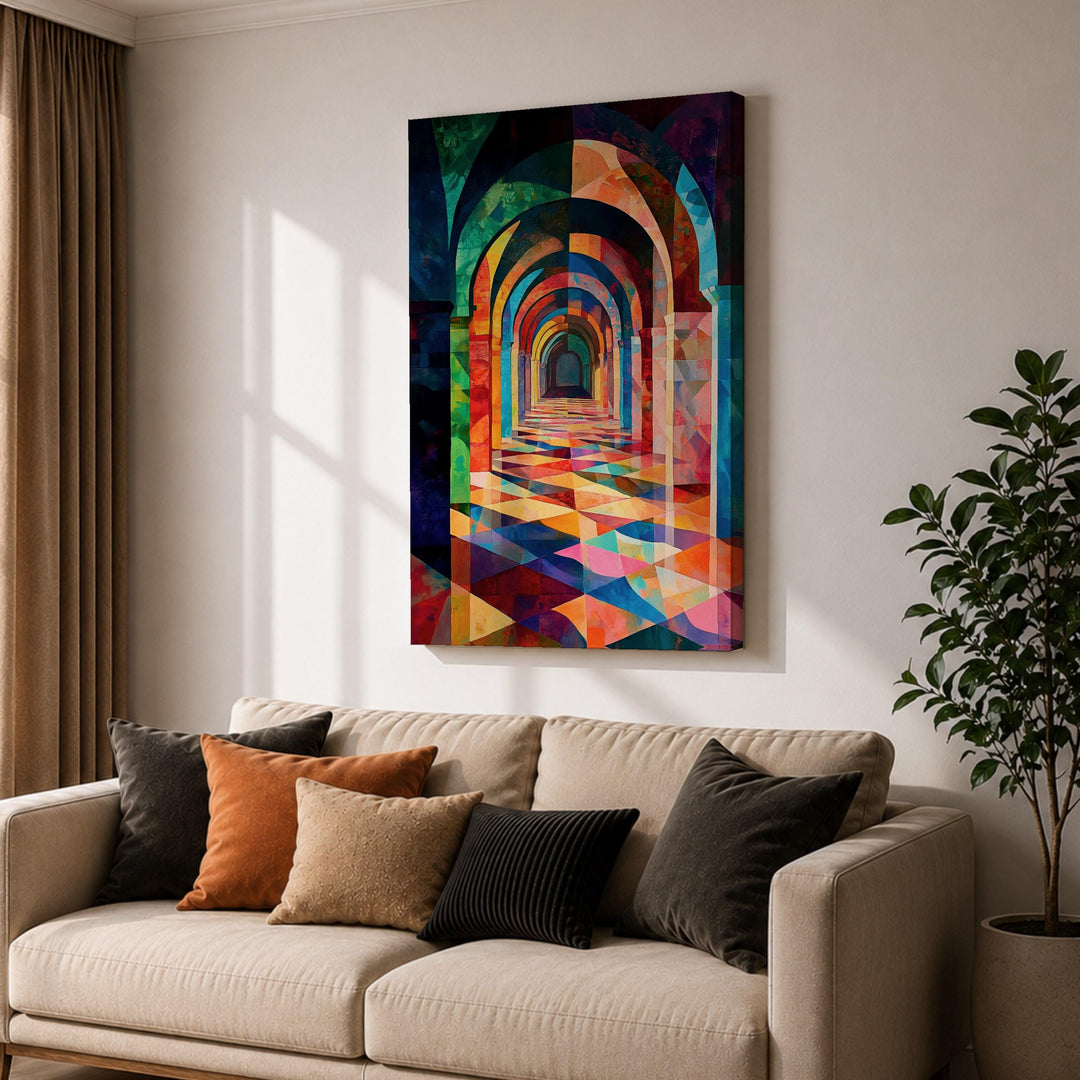 Beveled edge frame around Islamic wall art on canvas
