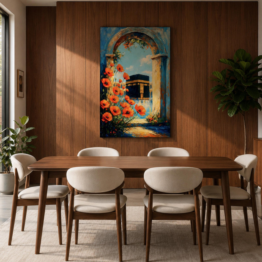 Abstract Islamic art with Kaaba Mecca motif on framed canvas