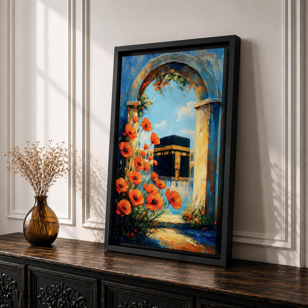 Elegant wall decor Kaaba Mecca canvas print in black frame