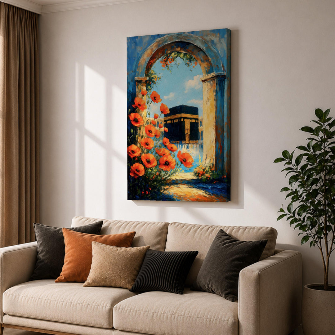 Framed Kaaba Mecca canvas print displayed in modern interior