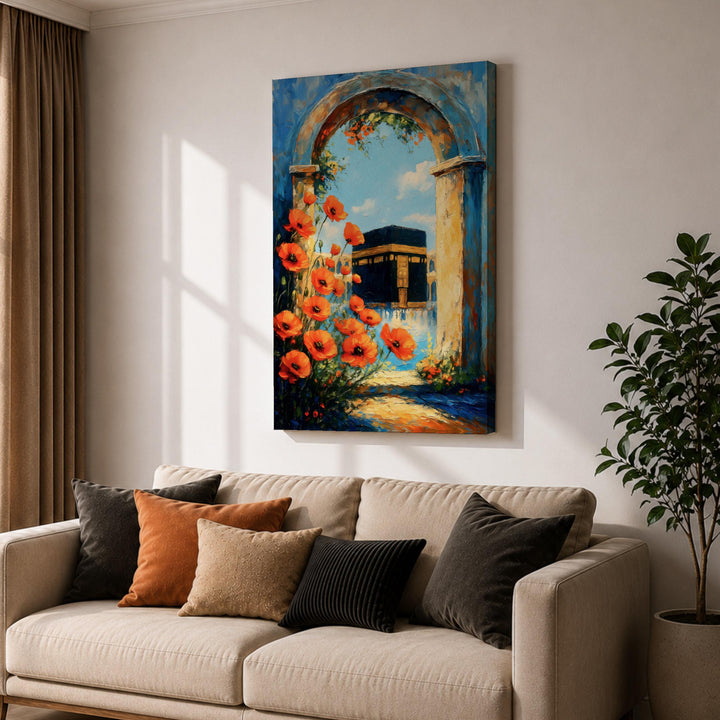 Framed Kaaba Mecca canvas print displayed in modern interior