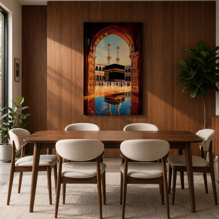Gallery-framed Kaaba doorway artwork with arches and minarets