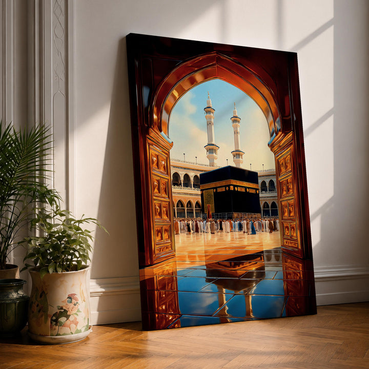 Framed canvas Kaaba doorway view with Masjid al-Haram in Mecca, front angle