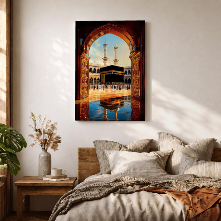Framed canvas piece portraying Kaaba entrance and Masjid al-Haram ambiance