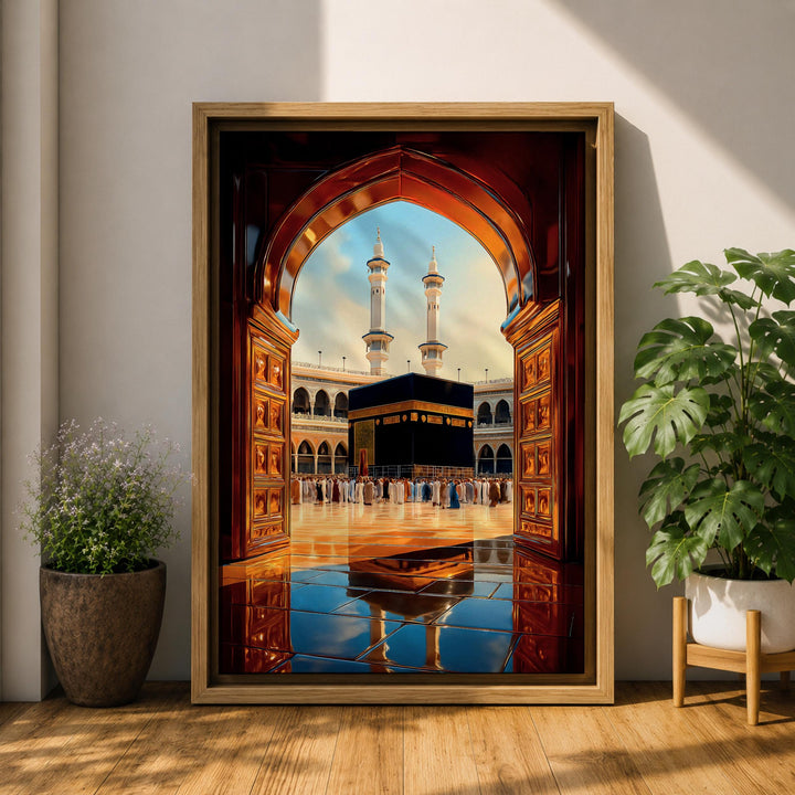 Kaaba doorway art on framed canvas with soft bevel frame