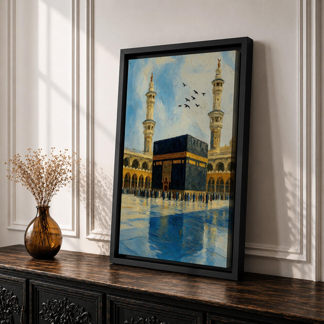 framed canvas depicting mecca and masjid al haram in abstract style