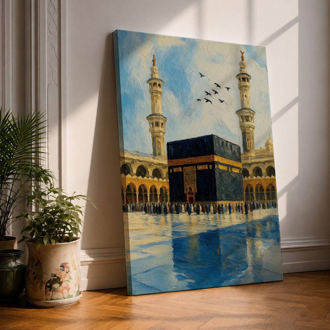 kaaba mecca framed canvas wall art with abstract islamic design