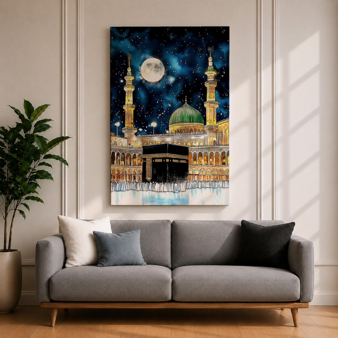 Premium canvas texture close-up on Kaaba artwork