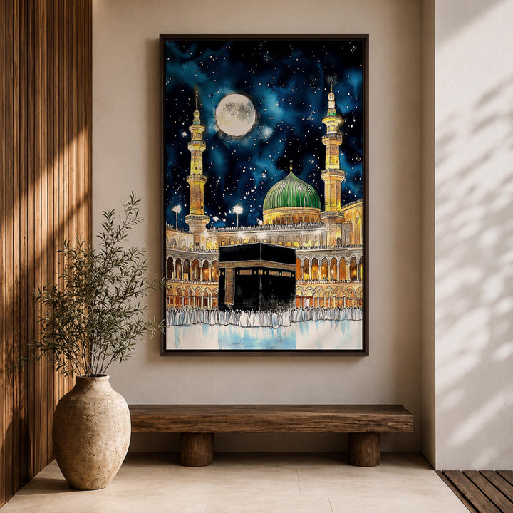 Elegant framed Kaaba wall art with solid wood frame