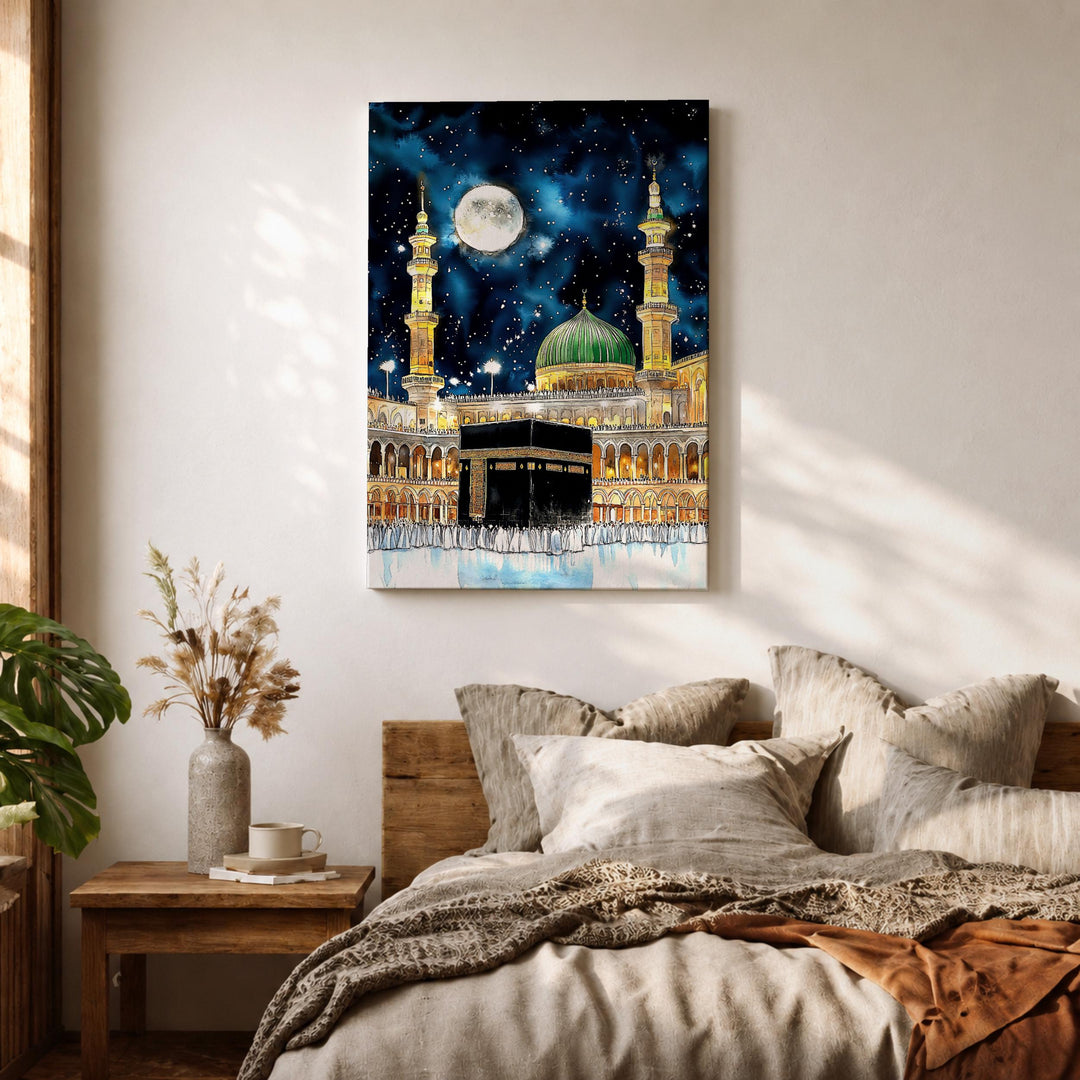 Framed canvas of Masjid al Haram decor with hanging hardware