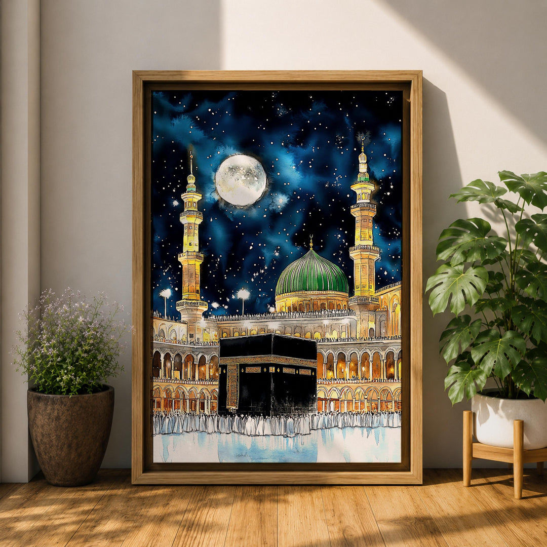 Gallery-style Islamic art featuring Kaaba at night