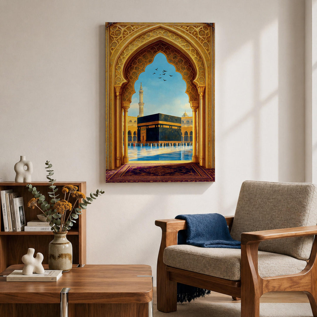 Close-up of gold arch design on premium canvas frame