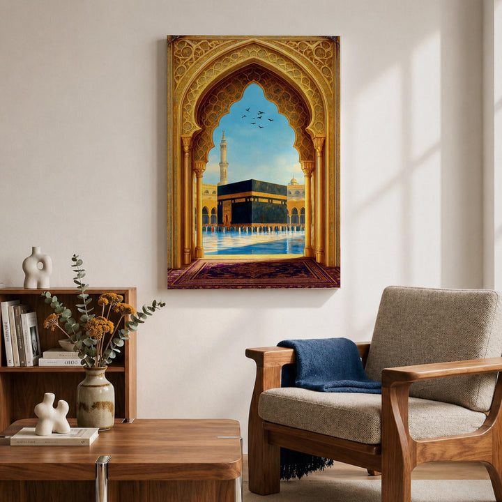 Close-up of gold arch design on premium canvas frame