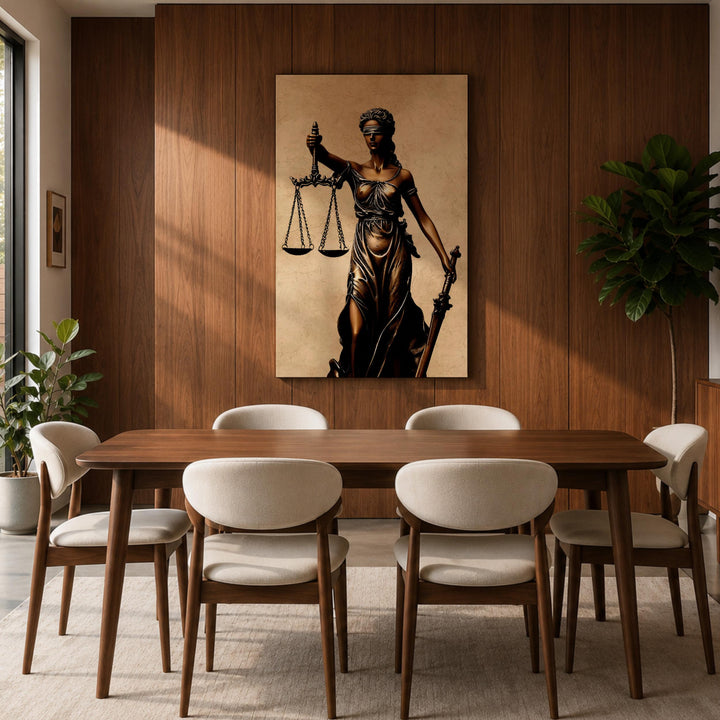 Modern law office decor featuring scales and goddess figure