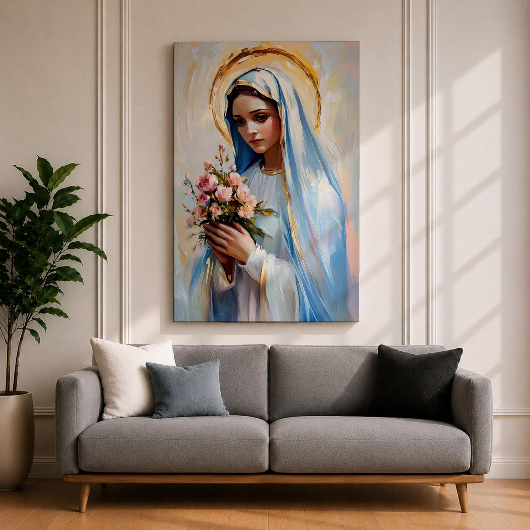 Close-up of Blessed Mother portrait on a canvas with pastel flowers