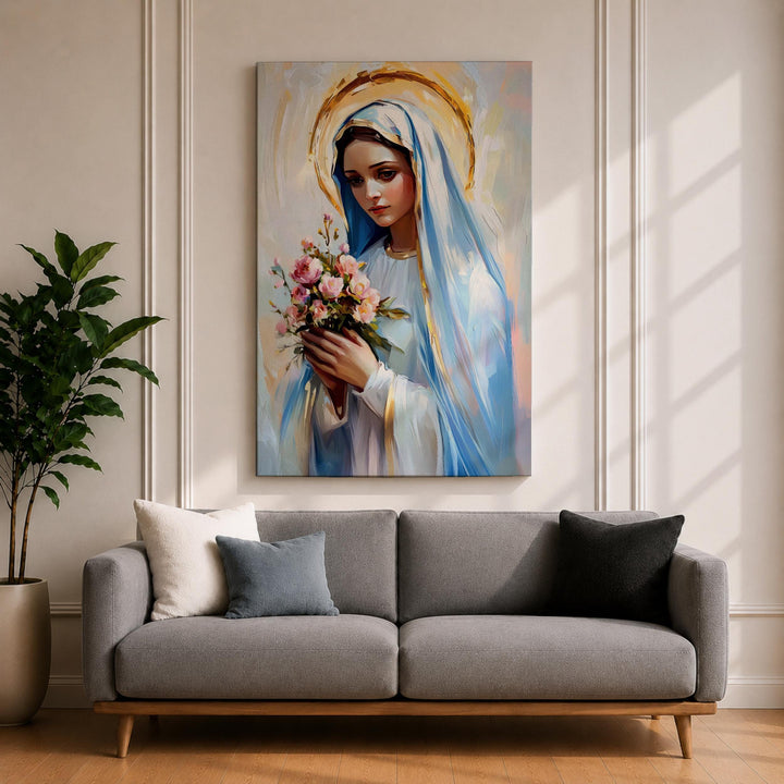 Close-up of Blessed Mother portrait on a canvas with pastel flowers