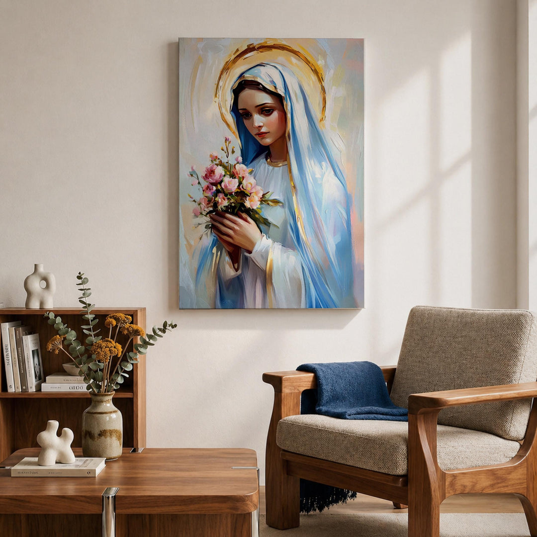 Soft-hued Mary and flowers artwork for Catholic altar decor