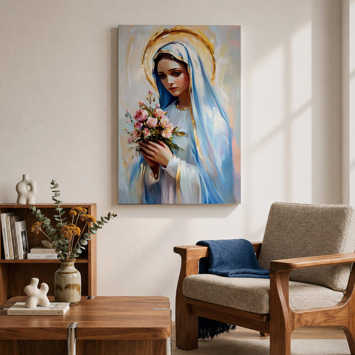 Soft-hued Mary and flowers artwork for Catholic altar decor