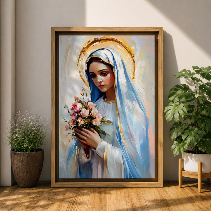Elegant religious canvas art featuring Mary and bouquet in warm tones