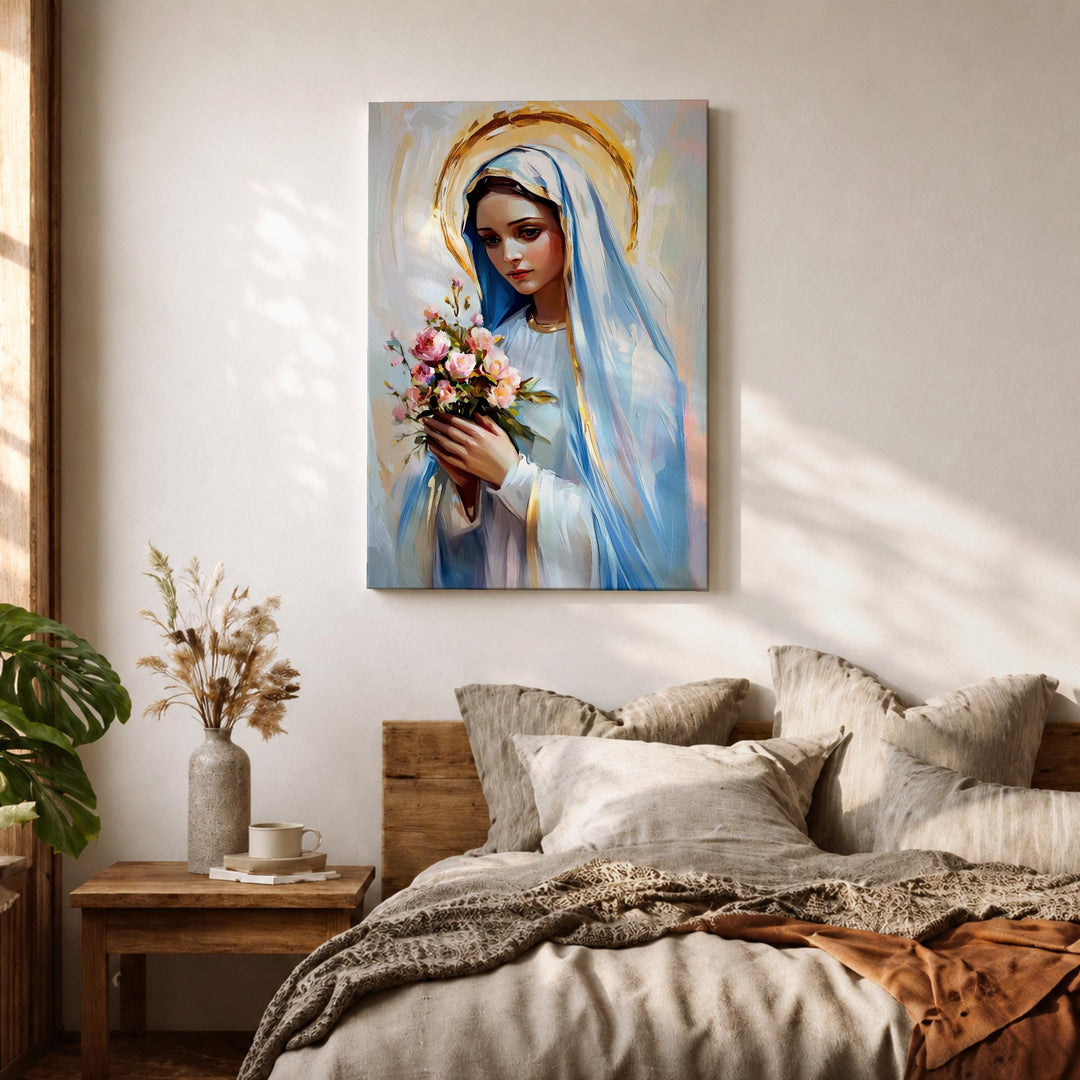 Premium wrapped canvas Mary artwork with natural wood frame