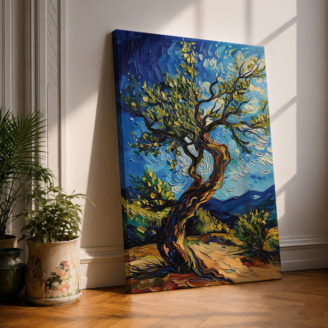 Framed olive tree landscape on canvas with impasto texture and Mediterranean tones