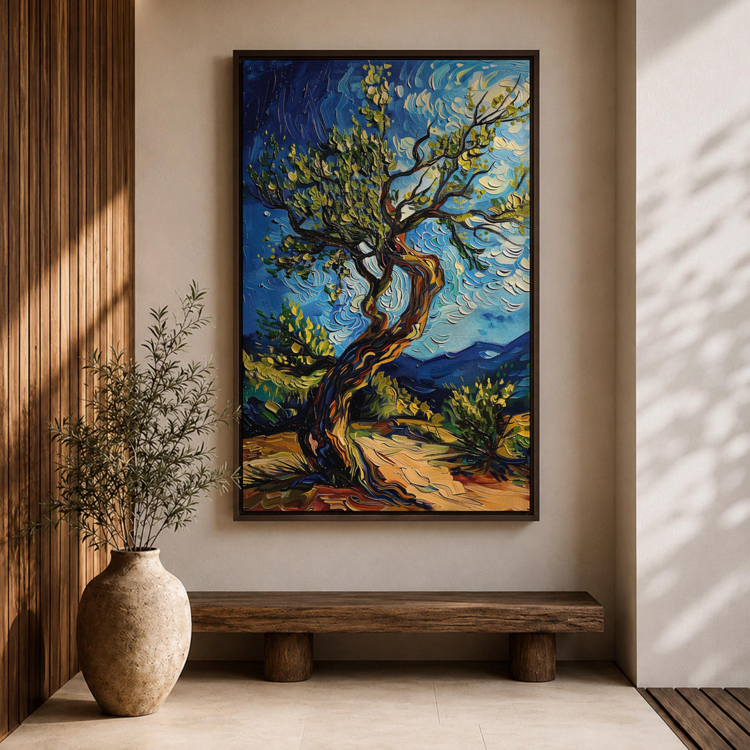 Calm Mediterranean scenery on canvas with olive trees and rolling hills