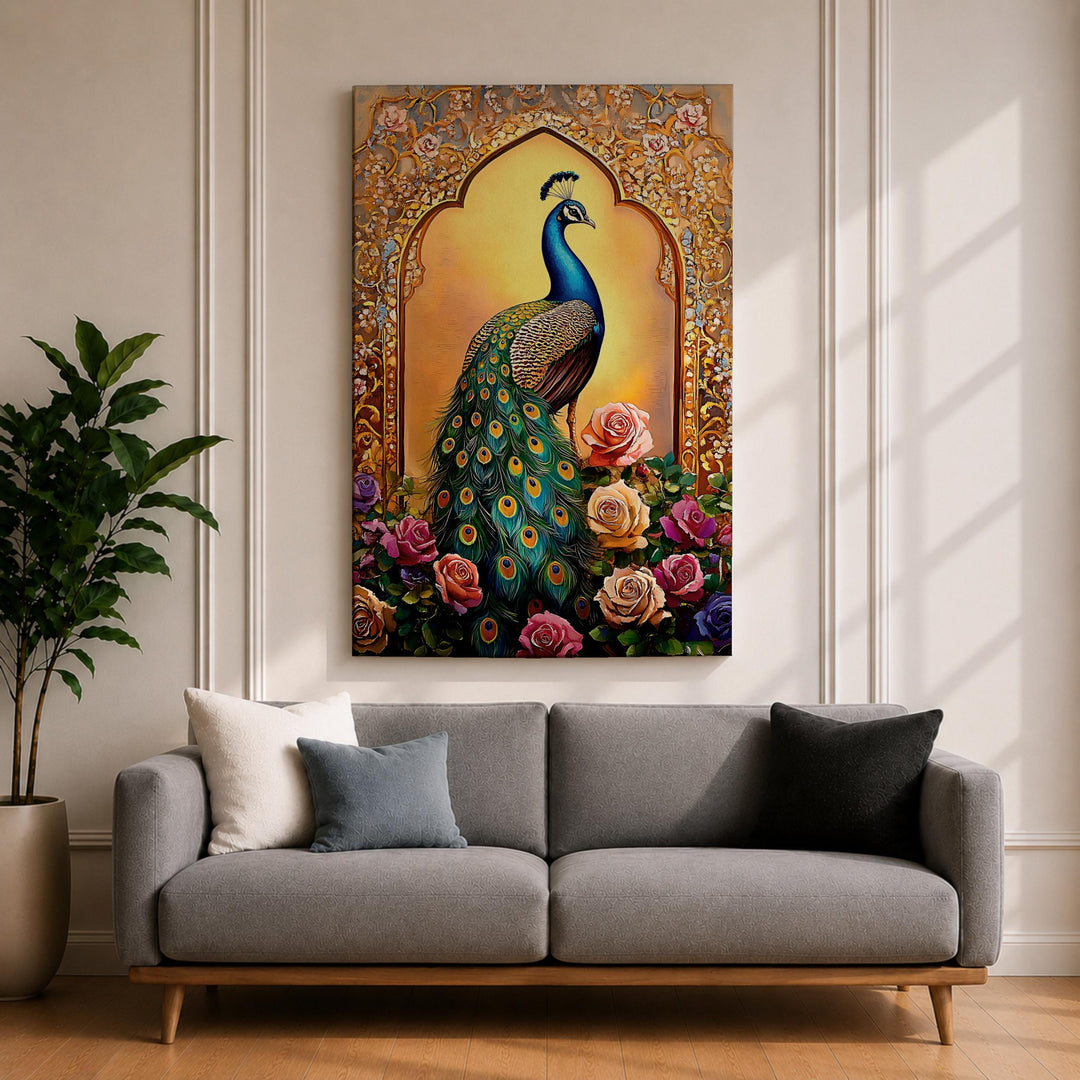 Royal Mughal arch design framing a peacock in gold accents