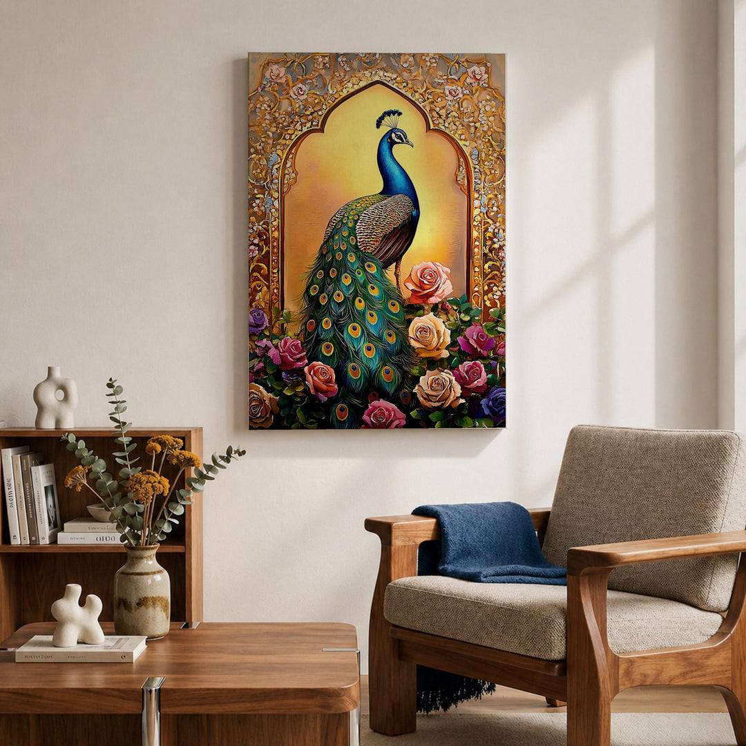 Intricate floral border surrounding a regal peacock subject