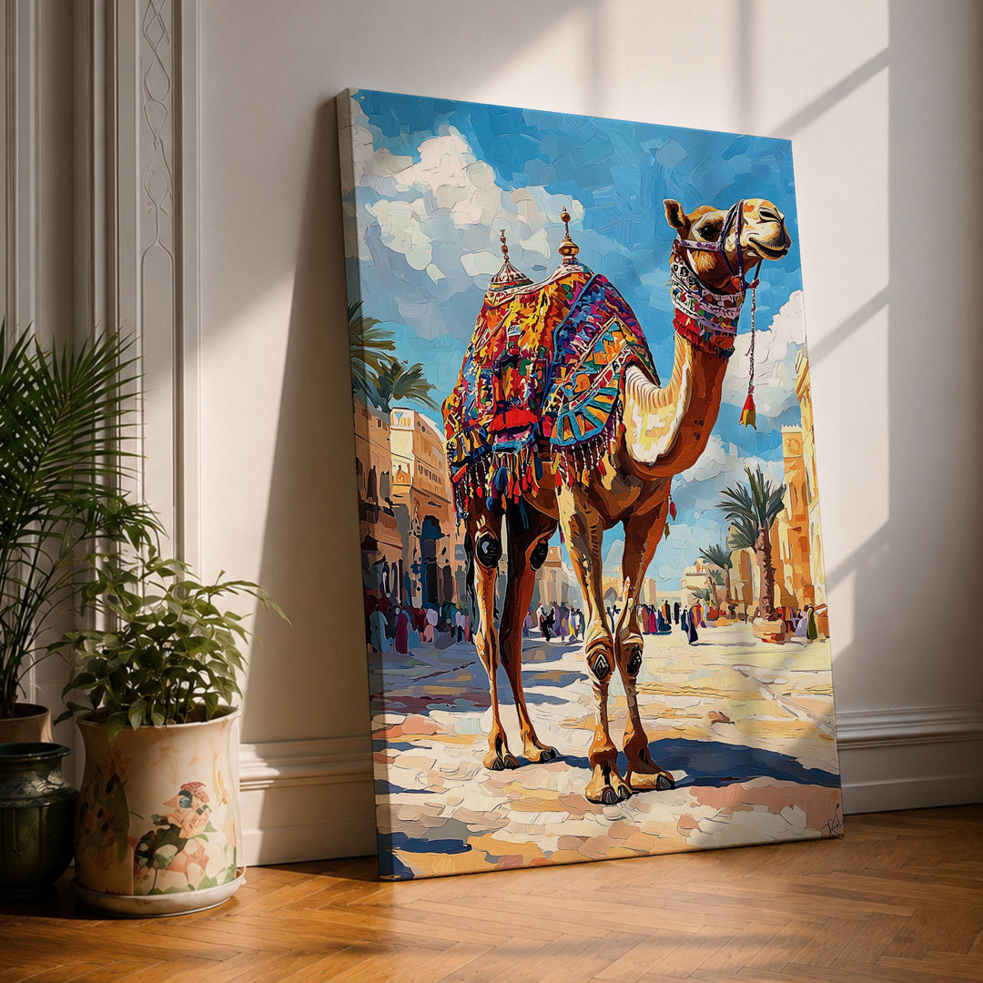 Camel Moroccan wall art watercolor style with warm desert tones